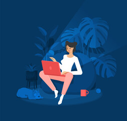Freelancer girl is sitting in a bean bag chair with a laptop. Efficient and productive work at home at night. Domestic dog. Modern interior with plants. Colorful vector illustration in flat style