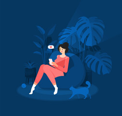 Freelancer girl is sitting in a bean bag chair with a mobile phone. Chatting at night. Home plants. Comfortable pose.  Domestic cat. Modern interior. Colorful vector illustration in flat cartoon style