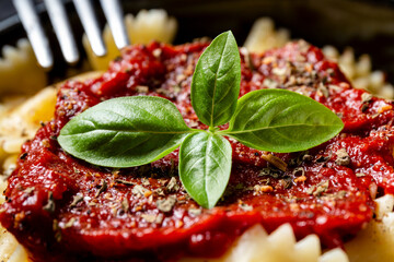 Farfalle pasta with basil and sauce. traditional Italian food. 