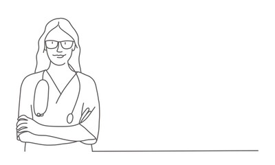 Nurse with arms crossed. Line drawing vector illustration.