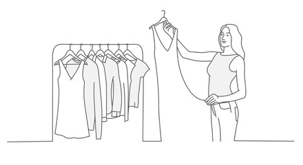 Woman chooses dress in the shop. Line drawing vector illustration.