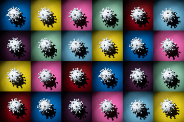 Multi-graphic of Coronavirus models on colorful backgrounds