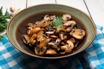 Mexican mushrooms with garlic and guajillo chili peppers also called 