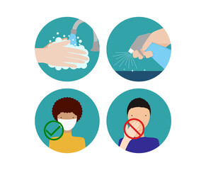 Set of spot illustrations with guidelines on how to slow the spread of Covid-19. Concept of healthy habits to slow the spread of novel corona virus.