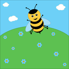 Cute bee on summer landscape bright meadow. Concept for preschool activity for children, card for kids.