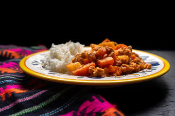 Mexican picadillo with rice on dark background