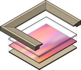 Exploded diagram showing the components of a picture frame.