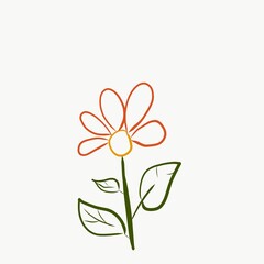 outline multicolor flowers, green leaf isolated on white background. Botanical illustration in contour style for summer design.