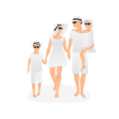 Happy couple in white clothes and sunglasses. Summer holidays concept vector illustration. Part of set.