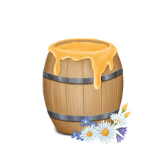 Wooden Barrel with Honey on a White Background