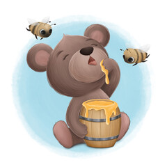 Little Cute Bear Enjoys Sweet Honey