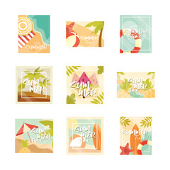 Fototapeta na wymiar hello summer banner, season vacations travel typography icons set