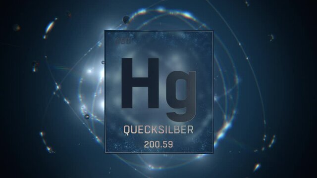 Mercury as Element 80 of the Periodic Table. Seamlessly looping 3D animation on blue illuminated atom design background orbiting electrons name, atomic weight element number in German language