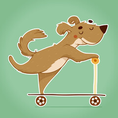 Cartoon pleased dog riding a scooter and smiling.