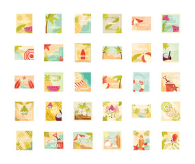 hello summer banner, season vacations travel typography icons set