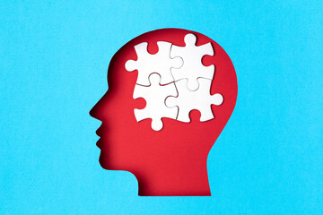 Papercut head with jigsaw puzzle pieces inside. Mental health problems, psychology, memory, logic,...