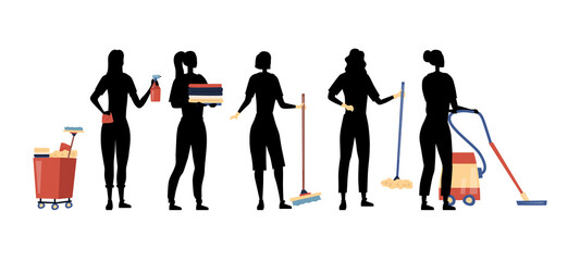 Cleaning Service. Set Of Female Characters Silhouettes With Professional Tools For Cleaning And Washing Surfaces. Multi Purpose Janitorial. Cleaning Service Workers. Cartoon Flat Vector Illustration