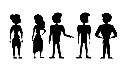 Teamwork Concept. Set Of Men And Women Silhouettes Standing In Row. Business People Are Working In Office And Communicating To Each Other. Cartoon Linear Outline Flat Style. Vector Illustration Set