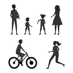 Concept Of Outdoors Spending Time. Group Of People Relaxing In The Park Or Square. Male And Female Silhouettes Rest, Ride Bicycle, Jogging, Have Family Time. Cartoon Flat Style. Vector Illustration