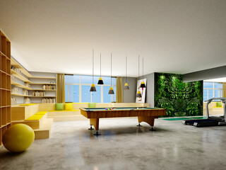 3D RENDER OF HOUSE CLUB GAME ROOM, ENTERTAINMENT SPACE, BILLARD TABLE