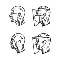 Biological and chemical high level protection equipment hand drawn vector illustrations set. Human face, skin and respiratory system protection equipment: various medical masks, shields, respirators a