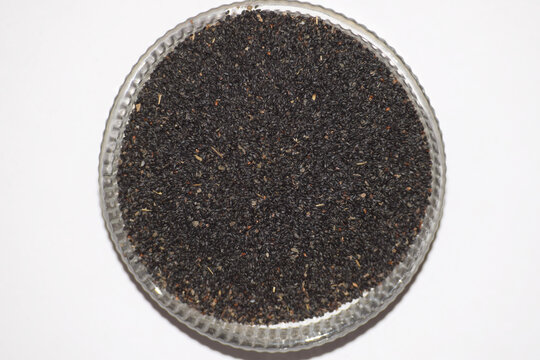 Babchi seeds or Psoralea corylifolia plant used in Indian traditional medicine in a bowl. Ayurvedic herbal seeds oil jadibuti, coumarines used for skin disorder, vitiligo