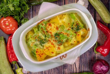 Tasty baked broccoli with cheese sauce, potatoes and spices on a white plate, top view