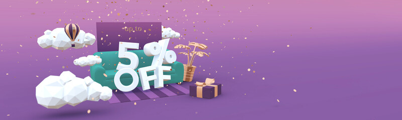 5 Five percent off 3D illustration banner in cartoon style. Clearance, discount, sale concept.