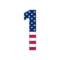 Number 1 with stars and stripes. American flag lettering font.
Vector USA national flag style with number 1.
Patriotic american element.  For poster, card, banner and background. 
