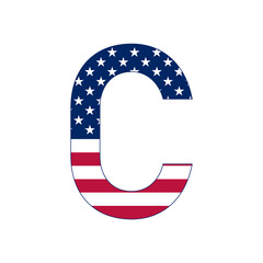 Letter C with stars and stripes. American flag lettering font.
Vector USA national flag style letter C.
Patriotic american element for poster, card, banner and background. 
