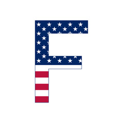 Letter F with stars and stripes. American flag lettering font.
Vector USA national flag style letter F.
Patriotic american element for poster, card, banner and background. 