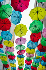 Colorful ornamental umbrellas in a square in Jerusalem, Israel