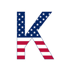 Letter K with stars and stripes. American flag lettering font.
Vector USA national flag style letter K.
Patriotic american element for poster, card, banner and background. 