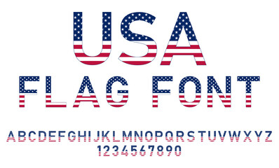 USA national flat flag style font. 
Alphabet letters and numbers vector illustration.