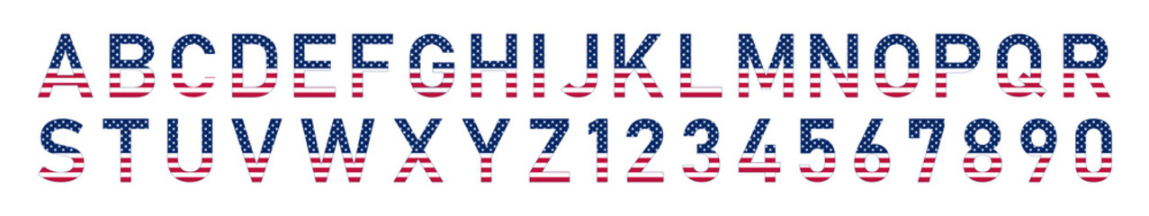 USA national flat flag style font. 
Alphabet letters and numbers vector illustration.