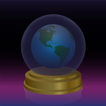 Crystal ball with planet earth. Symbol for forecast, fortune telling, oracle and future prediction of mankind and nature. Vector illustration.
