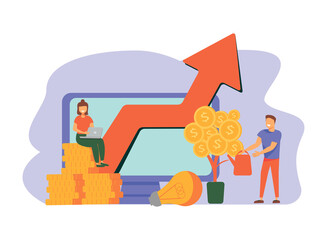 Tiny business people investing into innovation with high potential. Venture capital, venture investment, venture financing and business angel concept. Vector isolated concept creative illustration.