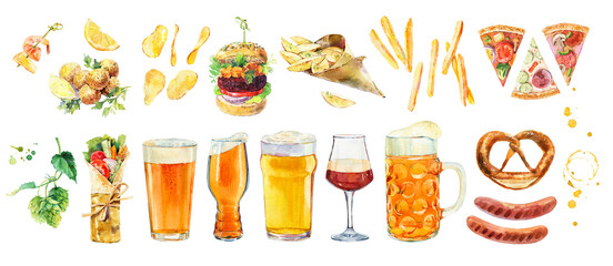 Watercolor collection Trendy ipa beer glasses with IPA beer. Hipster ipa beer trendy glass for concept design. Logo, symbol, menu illustration. Watercolor realistic illustration. Modern design. Bar