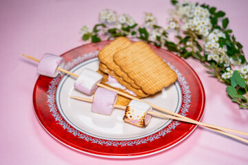 Cookies and marshmallows on skewers fried on a fire on plate
