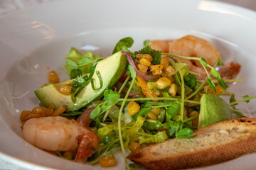 Tasty prawn shrimp, avocado, corn salad. Culinary tasty dinner meal. 