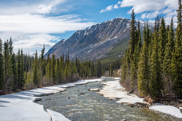 Stunning Wheaton River in Yukon Territory, seen in the spring time as the river has almost thawed out from the winter. Huge mountain peaks seen in the background. 