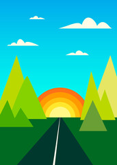 Cartoon flat style landscape with mountains, sun and the road going into the sunset.