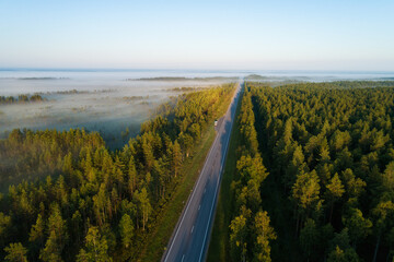 Aerial top view of highway road. Summer forest. Early morning, sunrays, foggy road. Motorway trough the countryside at the sunrise.
