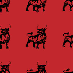 Seamless pattern of black ox on red background, Vector illustration outline cow, Zodiac Chinese Sign for Happy new year 2021,Year of ox concept for wrapping paper,textile or frabric