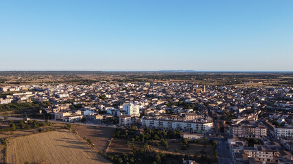Aerial view of the village of Campos at sunset on a sunny day