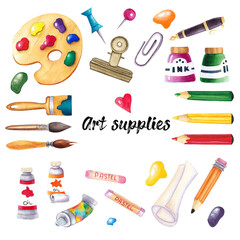 Hand-drawn watercolor illustration isolated on white with artist's cute tools - paints, tubes, palettes, pencils, brushes and other art tools. Back to school.