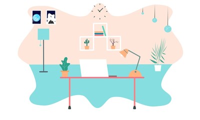 Flat Illustration of modern workplace in room. Creative office workspace. Flat minimalist style. Illustration work from home. Vector illustration of modern working place with  computer and interior.