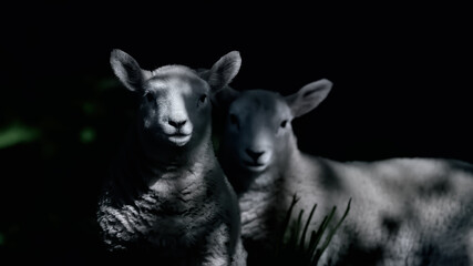 Two lambs with spring sunshine filtering through trees against a dark background