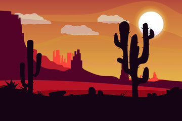 Desert landscape with cacti, hills and mountains. Cartoon.