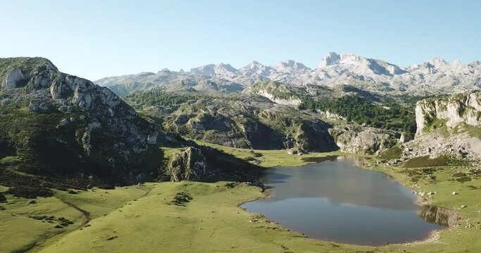 Aerial view of Picturesque summer landscape of highland Lakes of Covadonga within Picos de Europa National Park